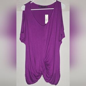 New York & Company Deep Purple Knot Top Flowy Cold Shoulder Size XXL